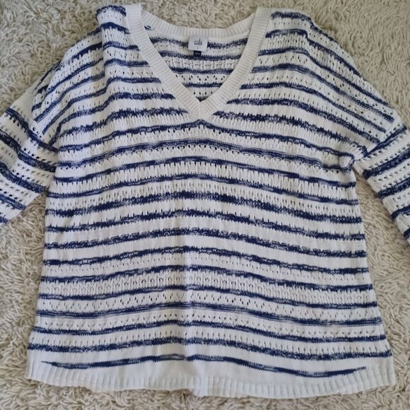 Cabi Women’s Small Open Knit Cotton Sweater V-Neck Blue White Striped 3/4 Sleeve - Picture 1 of 7